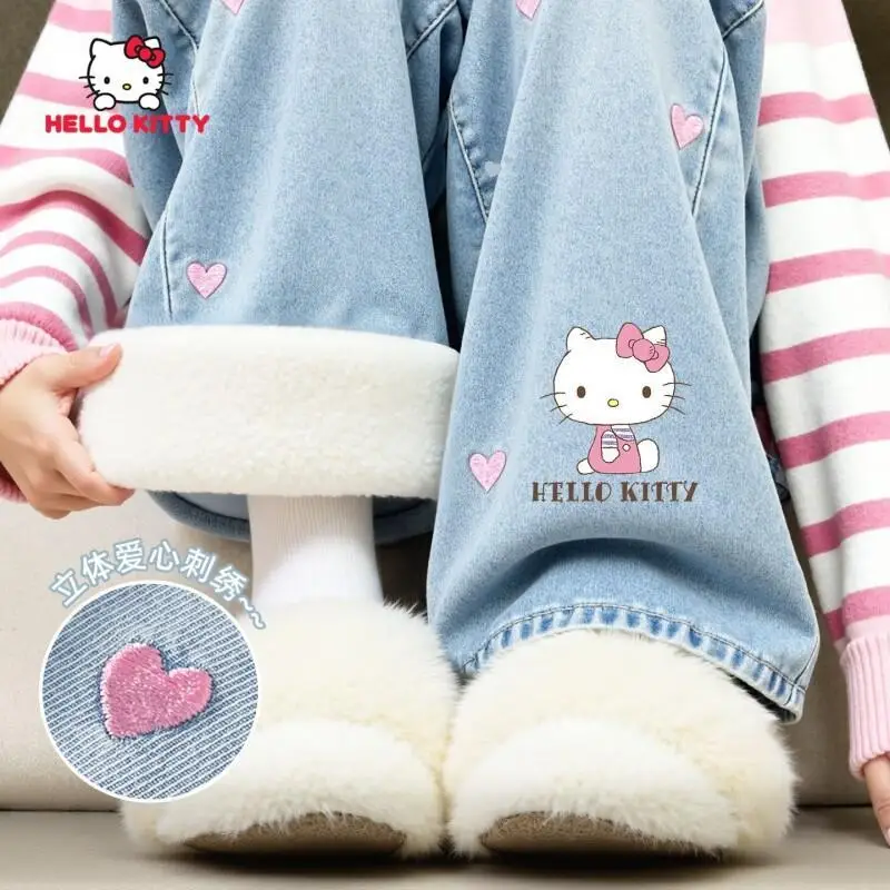 

Бархатные джинсы Hello Kitty Sanrio для девочек, зимние новые модные широкие брюки с вышивкой «Любовь», детские брюки, одежда для детей 10–12 лет