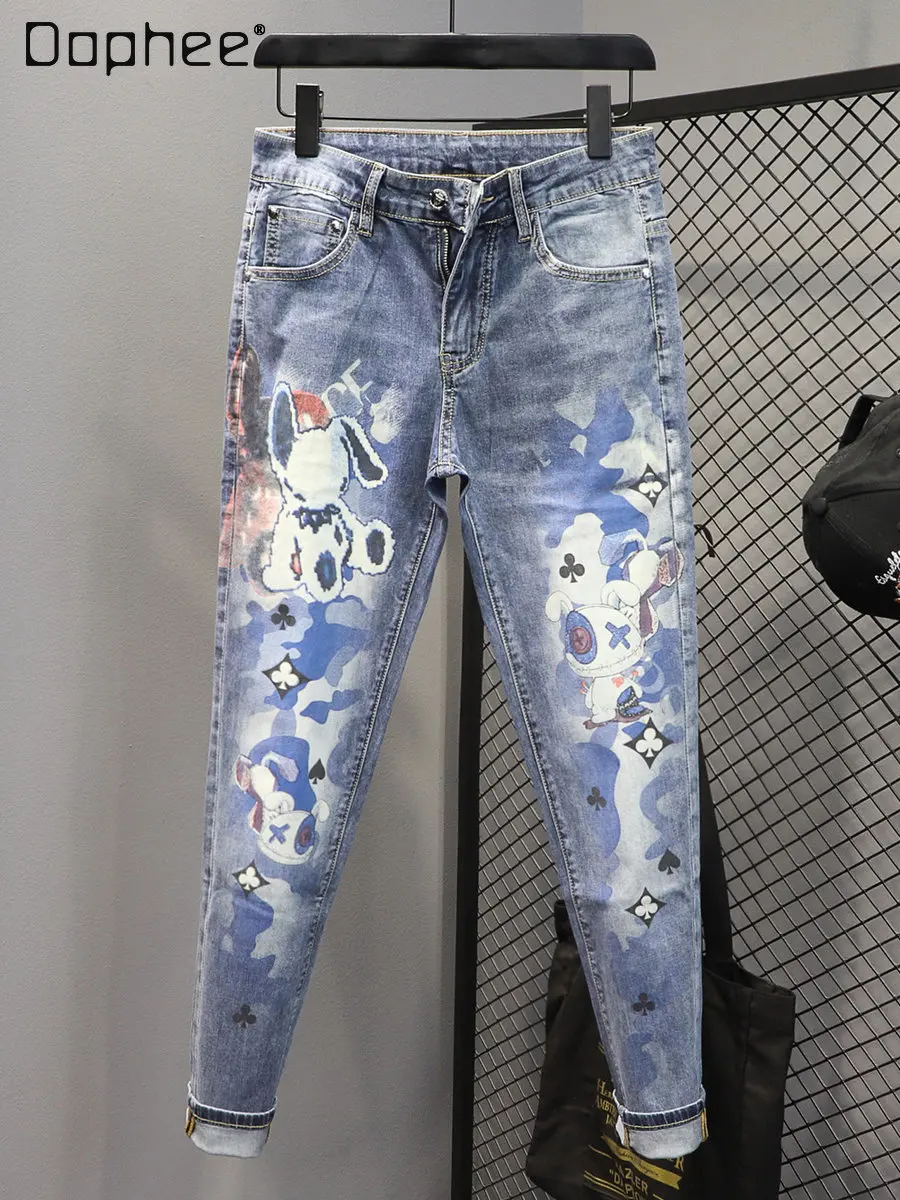 Spring 2023 Summer Fashion Jeans Trendy Bear Printed Washed Light Blue Stretch Slim Fit Tapered Pants Boyfriend Jeans for Women