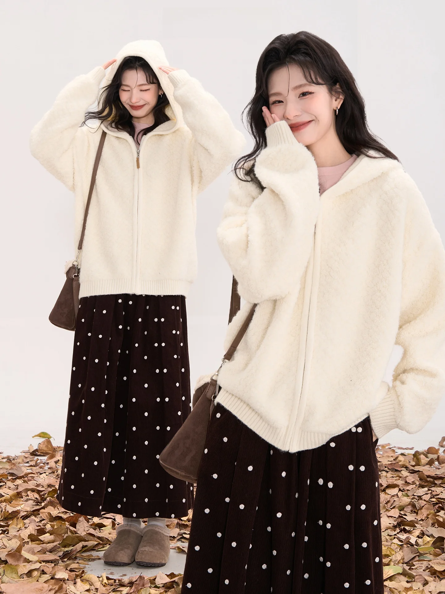 

Heme Lamb Fur Hooded Zipper Open Cardigan Sweater Women's Sle Winter Thiened ort Length Pure Color Commute Sle