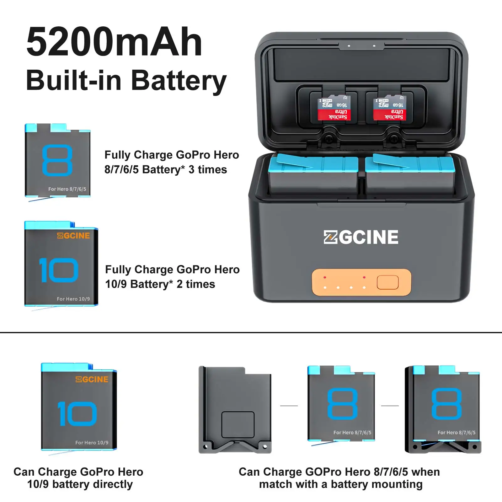 ZGCINE-Mini cargador inteligente para GoPro 10 9, caja de carga, 5200mAh, Banco de energía, lector de tarjetas TF, caja de almacenamiento de batería