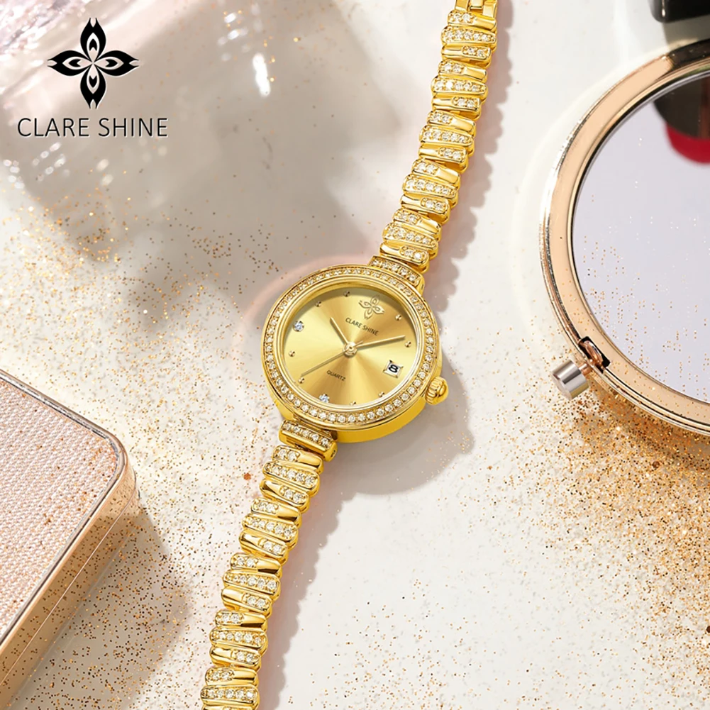 CLARE SHINE 7715 Imported Quartz Movement Wave Watch For Women Brand Minimalist Dial Steel Bracelet Calendar Window Watch