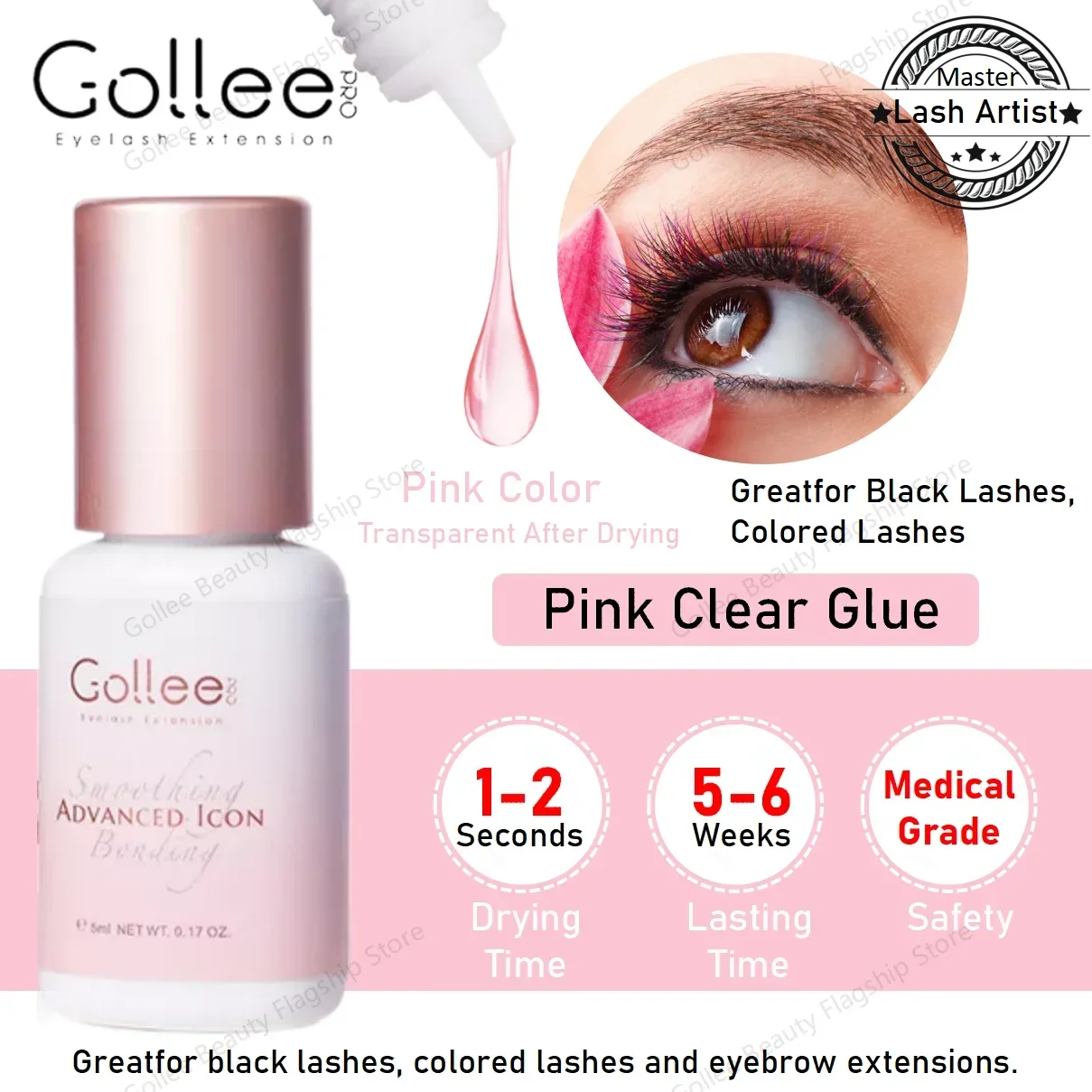 

Gollee Pink Clear Glue Eyelash Glue 1s Fast Drying for Salon Artist Eyelash Extension Glue Waterproof Professional Supplies