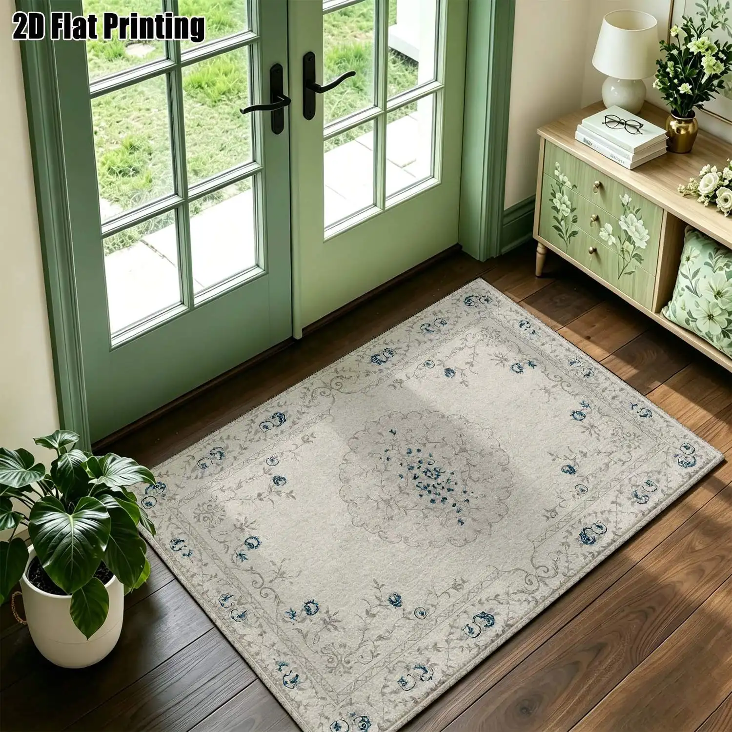 1Pc 2D Printed Carpet: Blue-Grey Floral & Vine Patterns, Vintage/European/Modern Minimalist/Instagram Style, Machine Washable, Multi-Size, Home Decor for Living Room, Bedroom, Dining Room, Entrance, Study