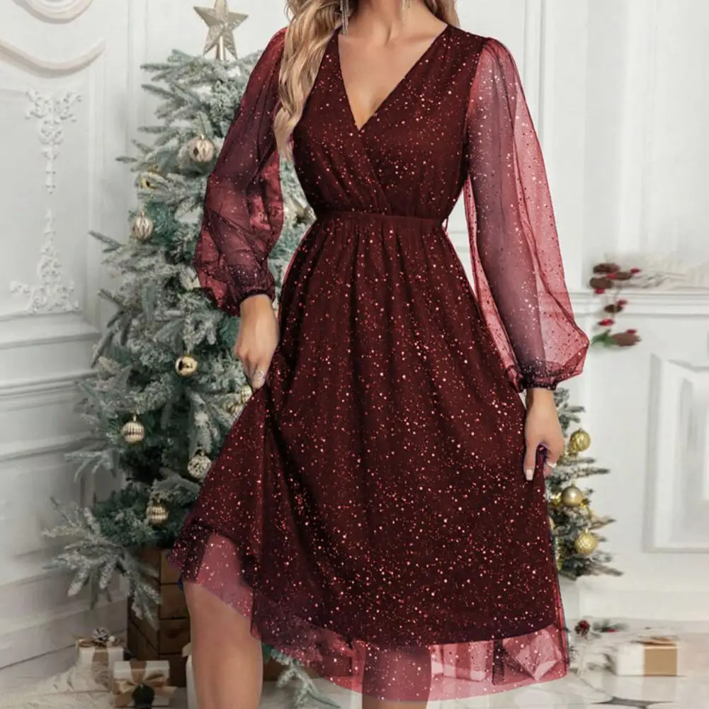 Vestido elegante elegante manga de malha vestido de festa com decote em v com cintura slim fit saia plissada de camada dupla para mulheres na altura do joelho