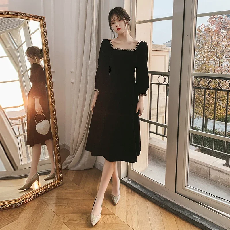 French Velvet Annual Party Evening Dress for Women Autumn High-end Black Temperament Light Luxury Dress Can Be Worn on Weekdays