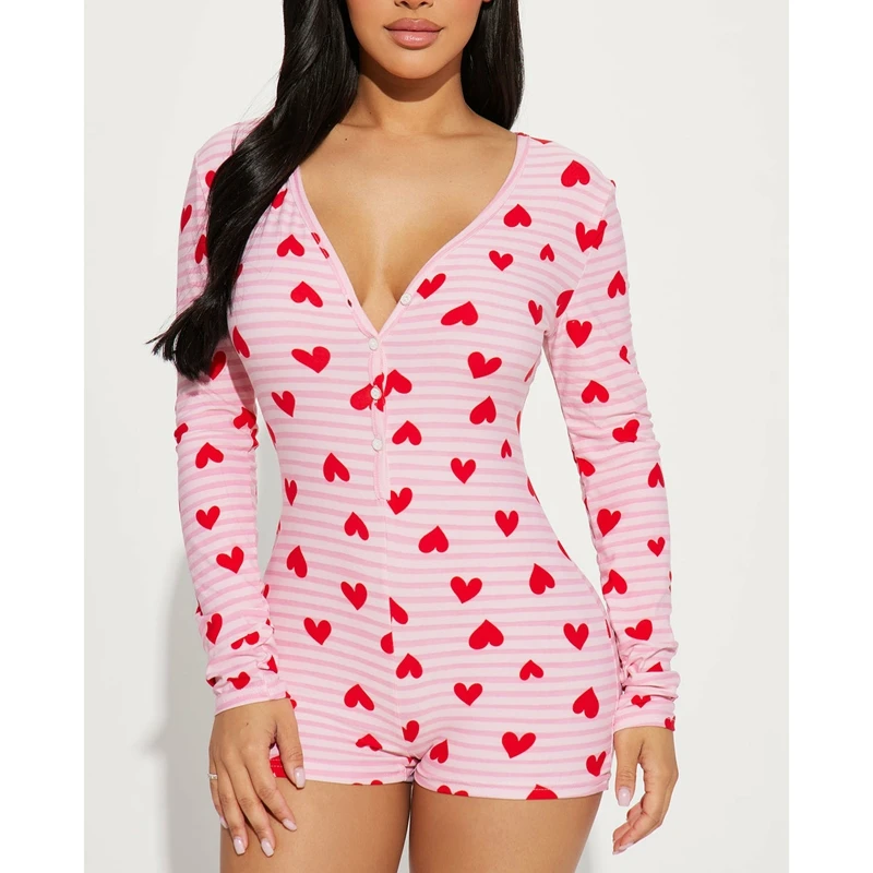 

Women Bodysuit Pajamas Heart Print Deep V-Neck Long Sleeve Shorts Jumpsuit Y2k Button Front Rompers Overall Oneseies