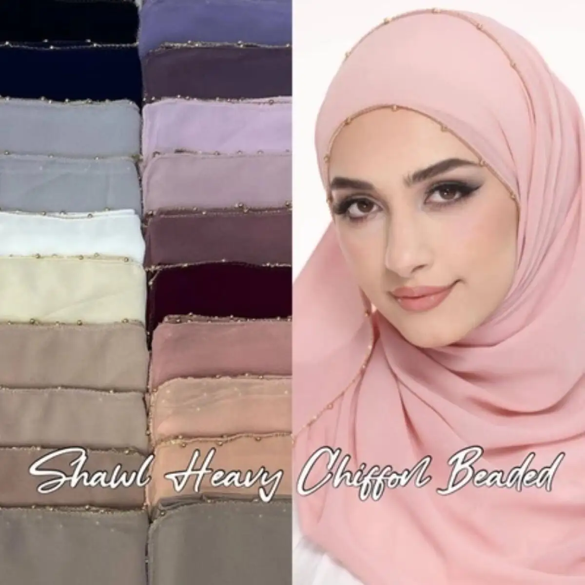 Hijab Scarf Golden Chain Pearl Chiffon Long Shawl for Muslim Women Elegant Soft Head Wrap Daily Party Wedding Fashion