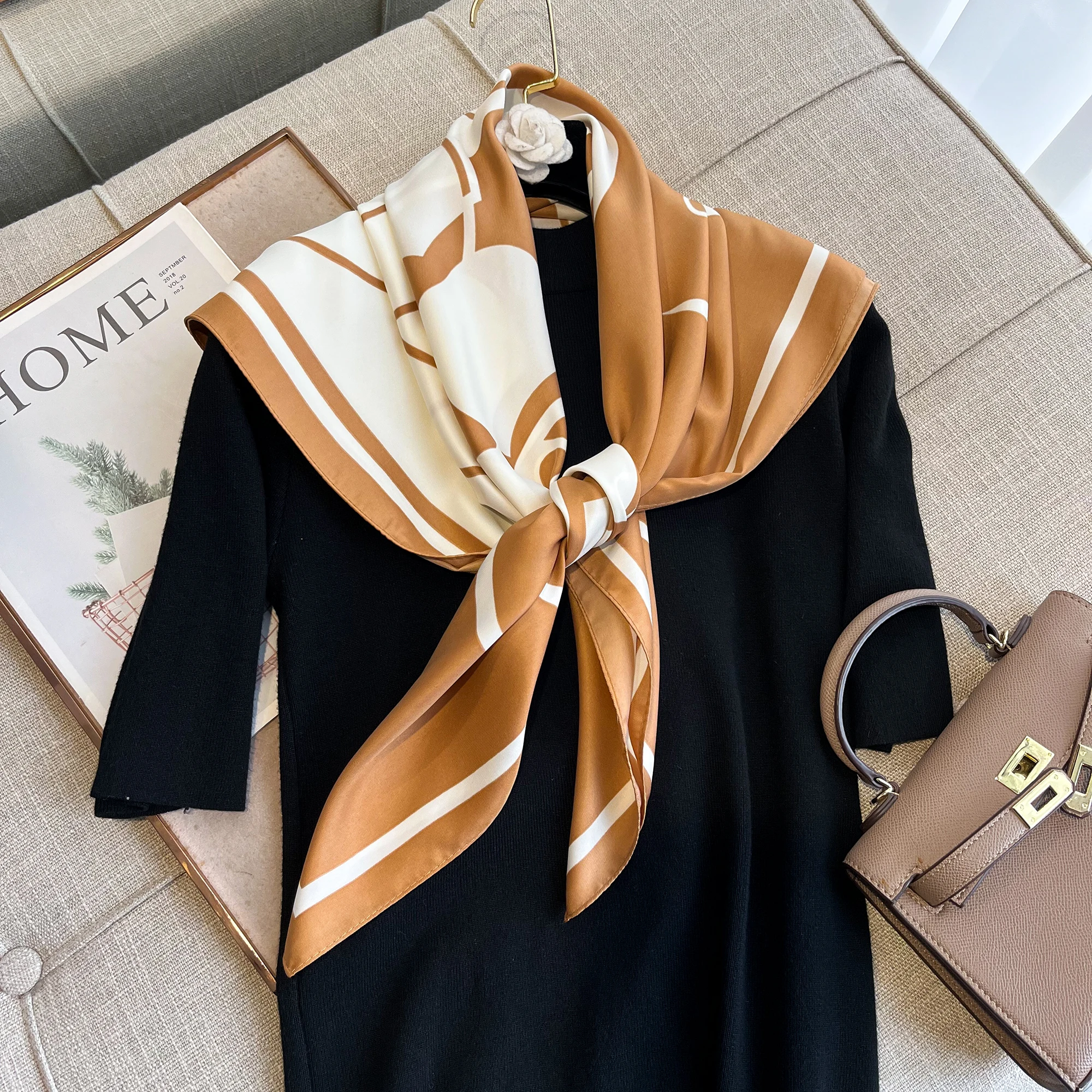 New 2024 Fashion Print Brand Scarves Twill Silk Square 90*90 Scarves Neckerchief Women Shawls Luxury Design Hijab Scarf