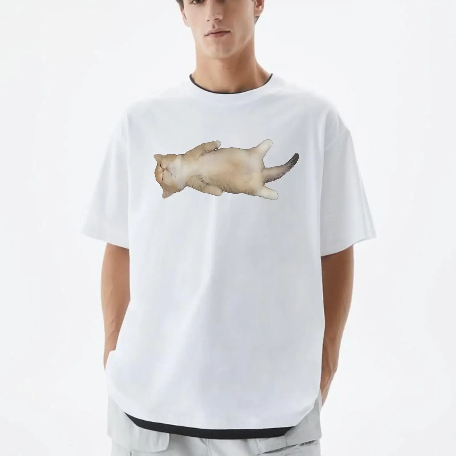 Funny Sleepy Kitten T Shirt Cute Napping Cat 100 Cotton Novelty Top vintage Washed streetwear Top For Everyday Wear Versatile