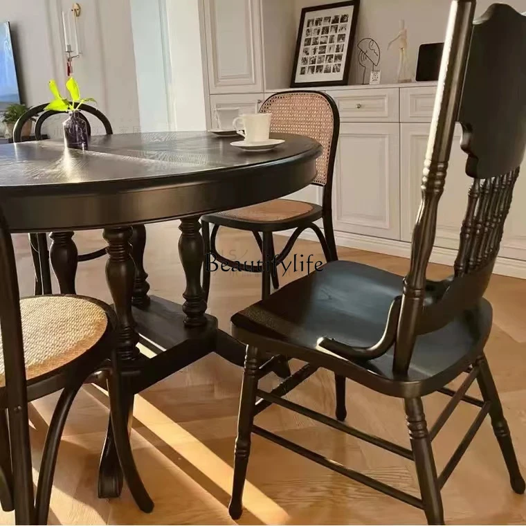 04*French retro black round dining table American solid wood telescopic