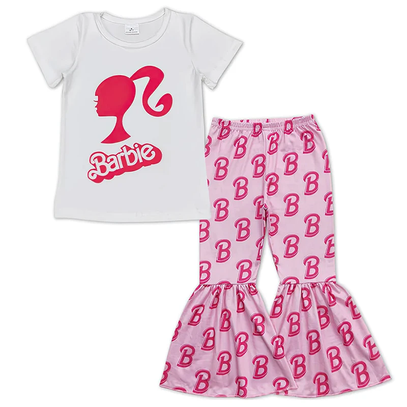 Fashionable Versatile Barbie Printed Girls' T-Shirt Bell Bottoms Set, Sweet, Cute, Comfortable Versatile Two-Piece Set for Women