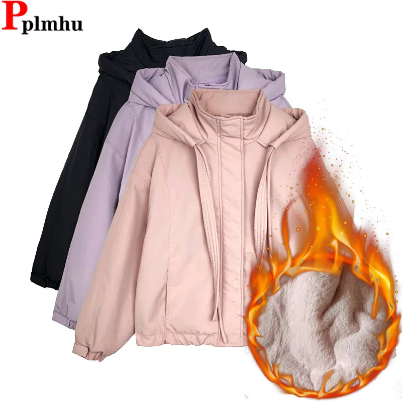 

Thick Plush Velvet Hooded Parkas Coats Tops Loose Winter Warm Zip Jackets Casaco Korea Fashion Chaquetas Women Snow Wear Abrigos