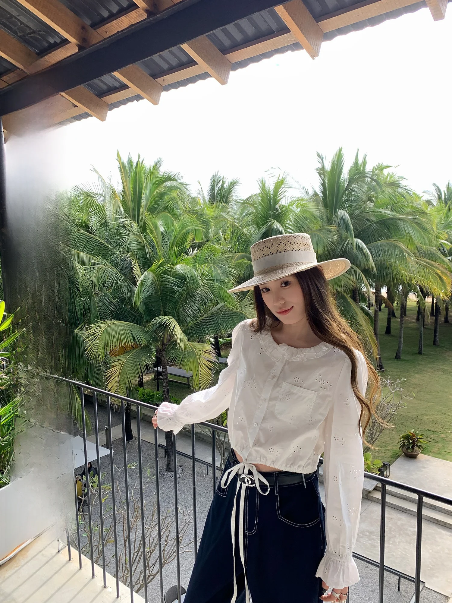 

Hhyii Dreaming Mountain Camellia Short Loose Women's Shirt Baby Collar White Cotton Casual Style Fashion Spring Top