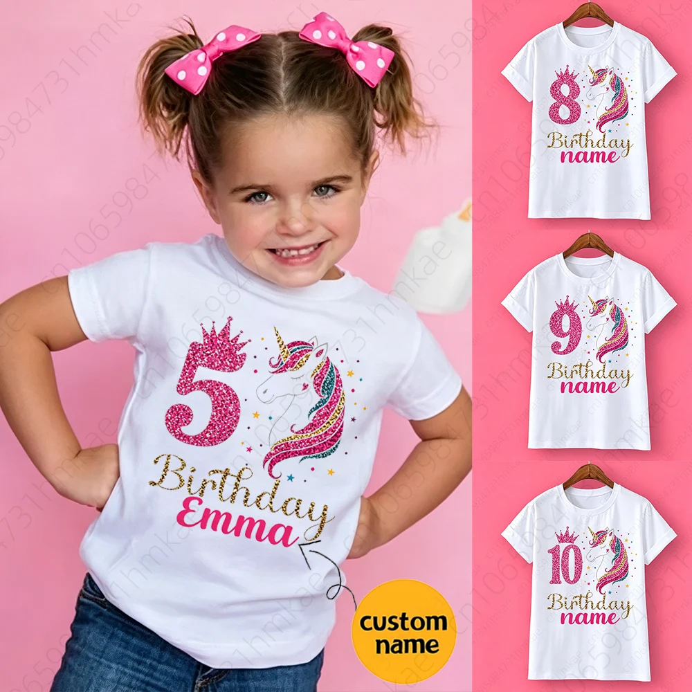 Personalised Name Girls Unicorn 1-12 Birthday T Shirt for Girl Party T-Shirt Kids Tshirt Baby Unicorns Clothes Tops Tees