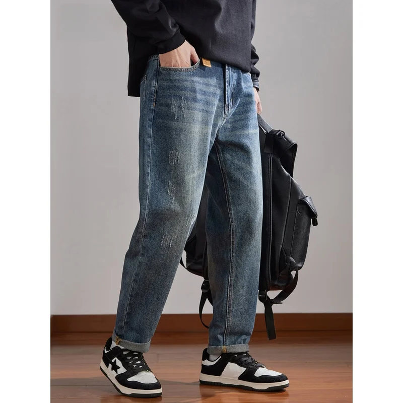 

Ретро-джинсы в американском стиле для мужчин, осенняя новинка, модные свободные прямые повседневные брюки конусообразной формы, хлопок, полиэстер, другие материалы