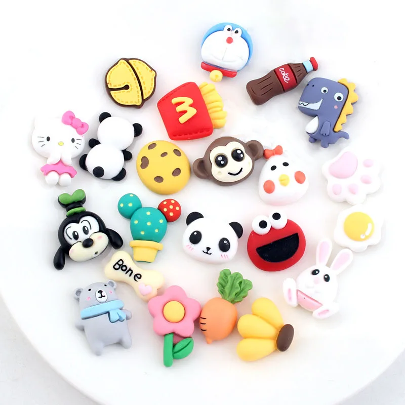 100pcs Cartoon French Fries Coke Panda Cactus Flowers Dinosaur Kitty Bear Resin Flat Back Cabochon DIY Resin Crafts Accessories