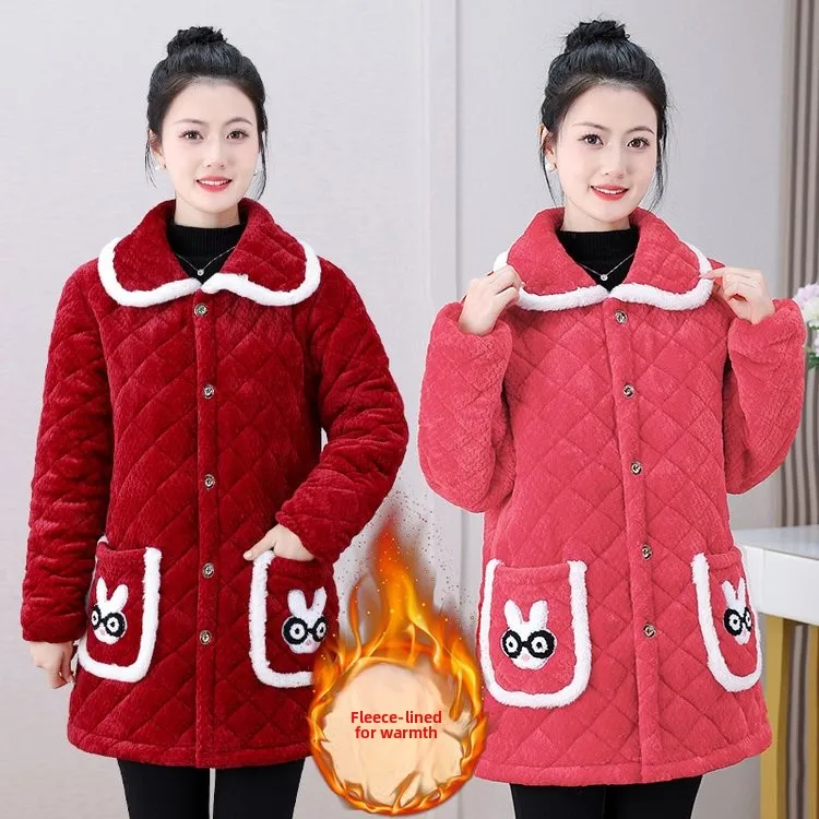 

Thiened Flap Collar Rabbit Patterned Cotton Jaet Mid-Length Winter Clothes for Middle-Aged And ly Women Home Clothes