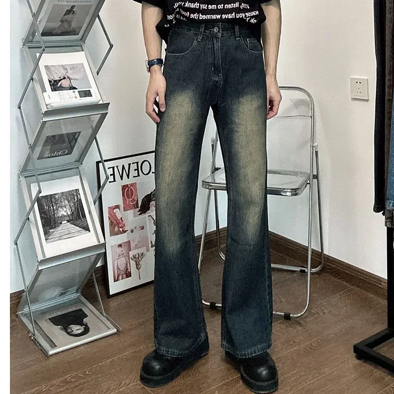 

Jeans Men Wide Leg Pants Denim Long Pant Casual Loose Regular High Waist Straight Trousers Pockets Splice Simple Autumn