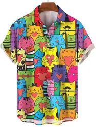 Camicia da uomo oversize hawaiana Cartoon Cat Bird Pattern stampa floreale Social Men Graffiti abbigliamento Vintage Harajuku New Summer