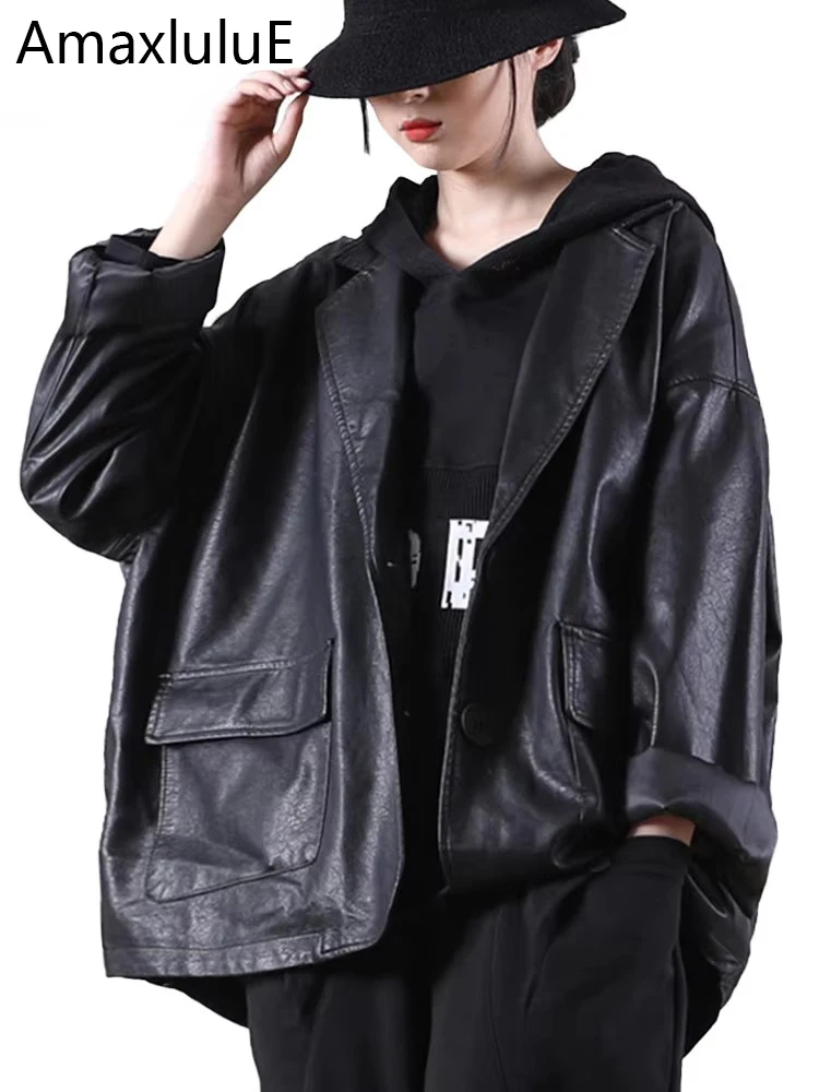 

Amax luluE 2025 Autumn England Designer Womens Black Faux Leather Jackets Loose Casual Biker Coat Females Harajuku Pu Streetwear