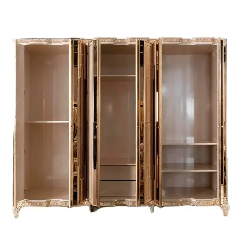 European style multi-door wardrobe luxury mirror wardrobe all solid wood carving six-door cabinet bedroom furniture custom