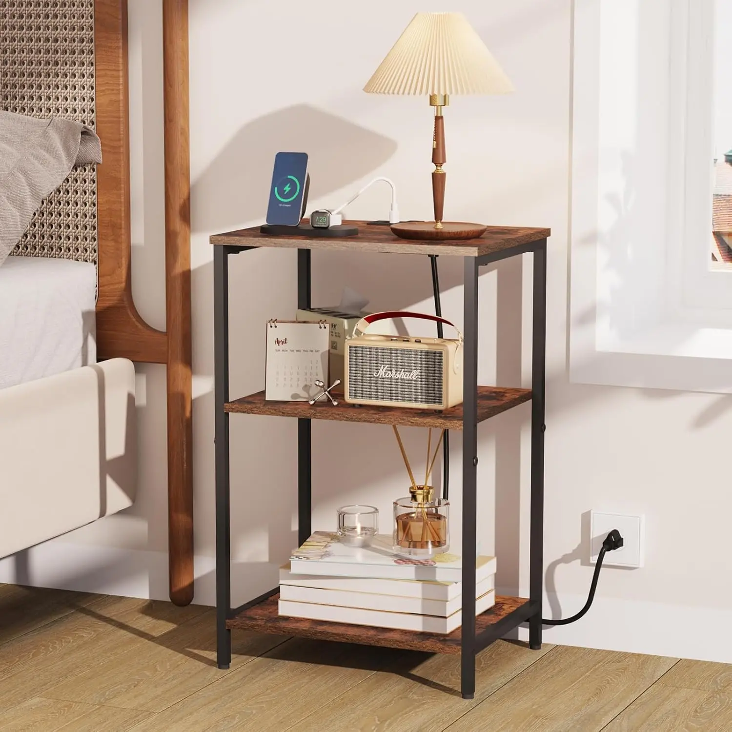 Side Table with Charging Station, End Table with USB Ports and Outlets, Nightstand with Storage Shelves for Small Space,