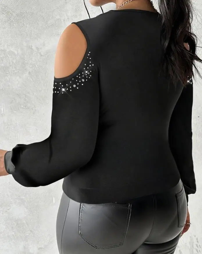 Women's Top Autumn 2025 Plus Size Rhinestone Decor Cowl Neck Lantern Sleeve Blouse Casual Cold Shoulder Top with Mesh Lining