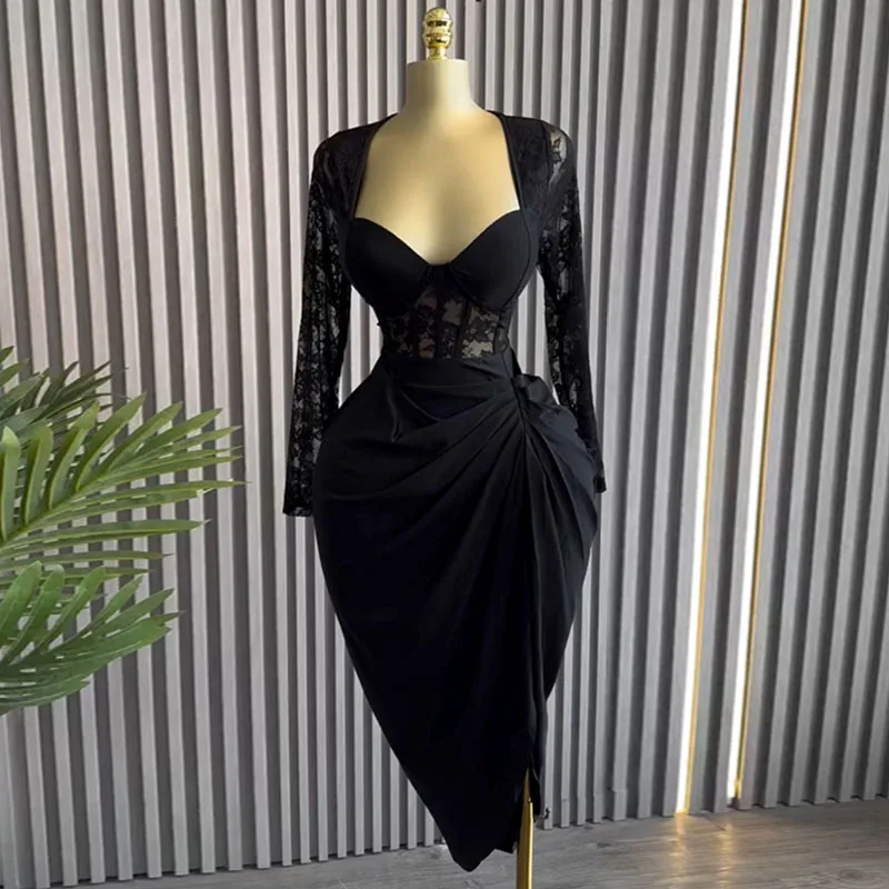 

Sexy Black Lace Patchwork See Through Midi Dress Women Elegant Long Sleeve Square Collar Ruched High Waist Party Birthday Dress