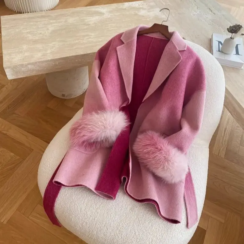 

2024 Winter Jacket Women Real Natural Fox Fur Cuffs Wool Blends Gradient Color Thick Warm Fashion Outerwear Streetwear