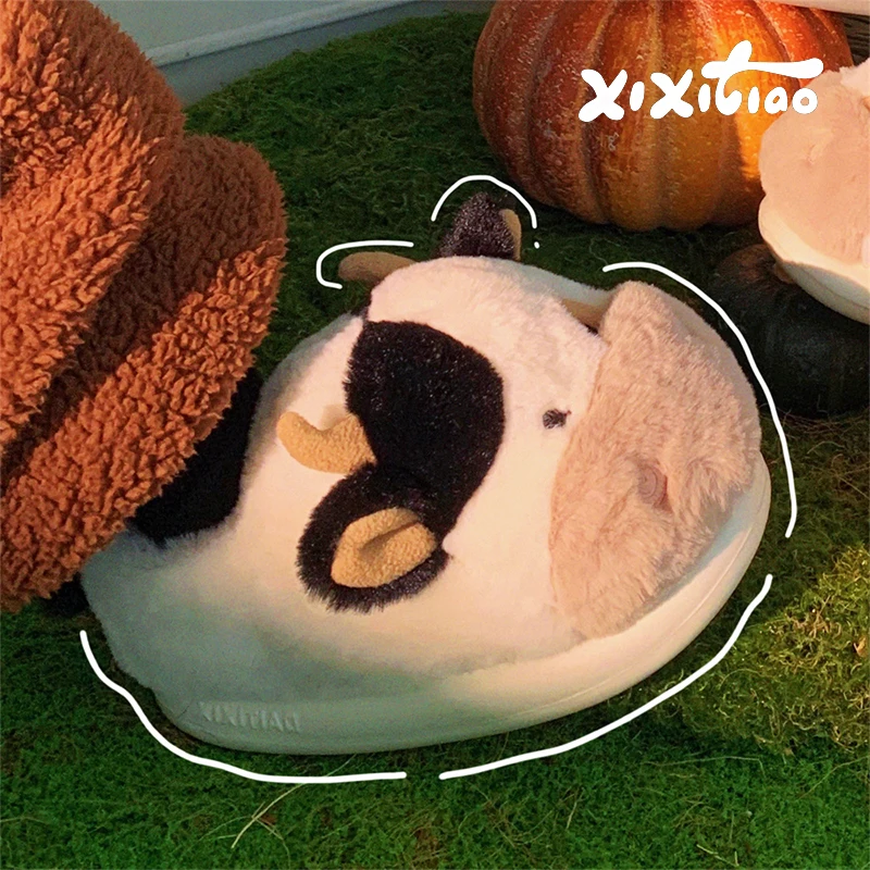 XIXITIAO Warm Cow Slippers for Women Cartoon Cute Plush Soft Thick-Soled Indoor Slippers Winter Home Couples Shoes Surprise Gift image 6