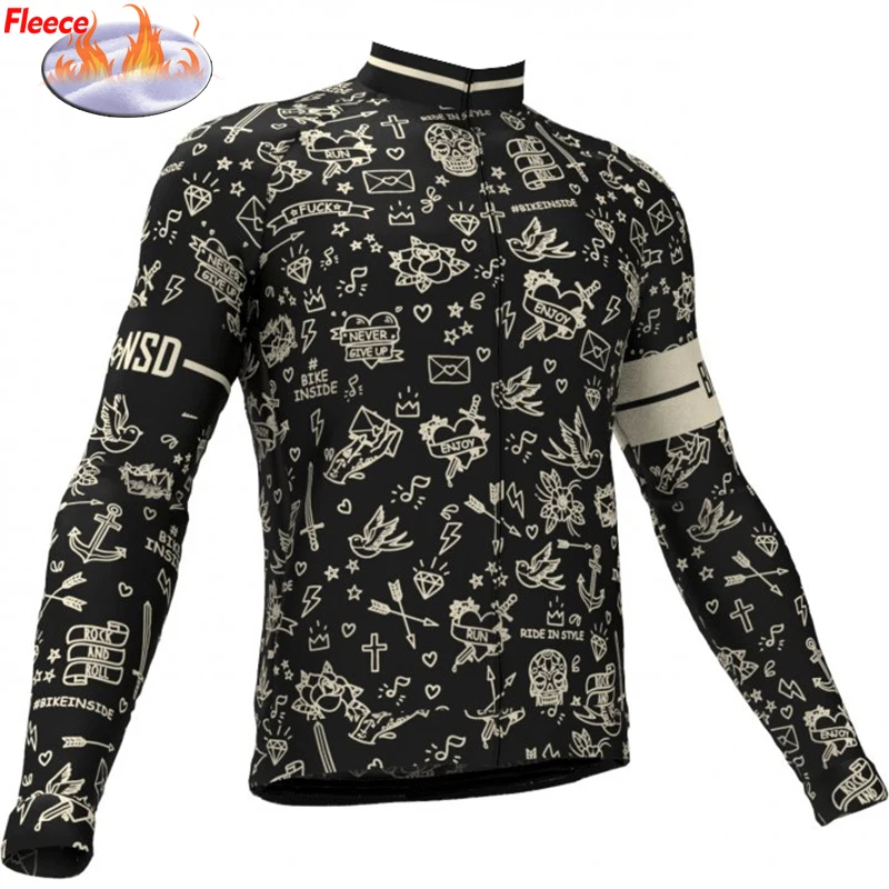 NEW Tattoo Winter Fleece Cycling Jersey Long Sleeve Black Bike Clothing Wear Thin