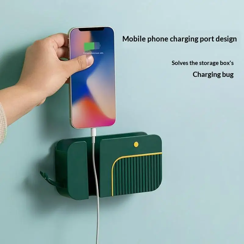 Self Adhesive No Drill Wall Mounted Storage Rack With Cable Organizer For Phone Remote Bedroom Living Room