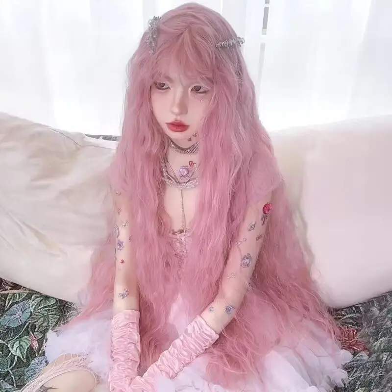 Pink 100cm long girl curly hair wig cosplay mermaid princess Lolita dress suitable for Halloween party wig cartoon carnival prop