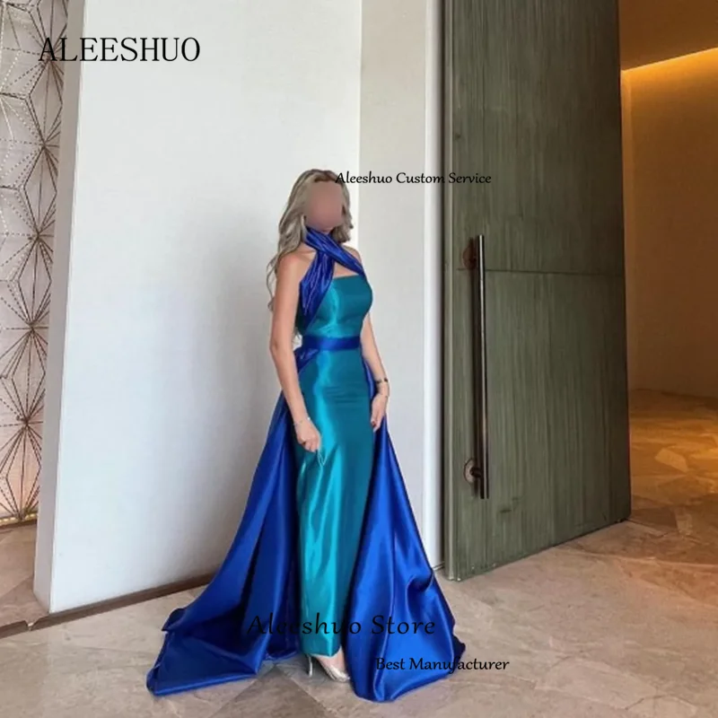 Arabia Blue Mermaid Satin Prom Dresses Halter Sleeveless Party Dresses Vestidos De Ocasión Ankle-Length Formales 2025 Customized