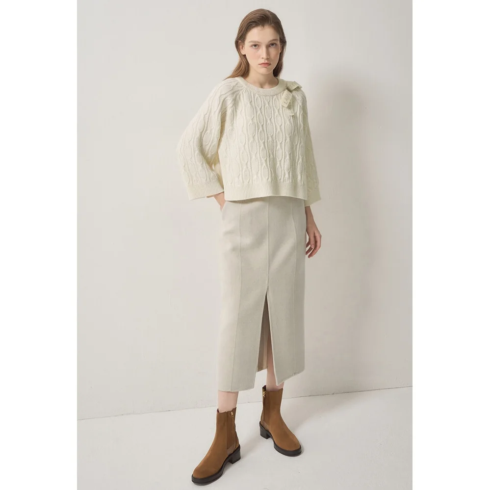 

Шерстяной вязаный свитер со съемным узлом, круглый Ne iny с разрезом, универсальный корейский длинный свек, обычная длина