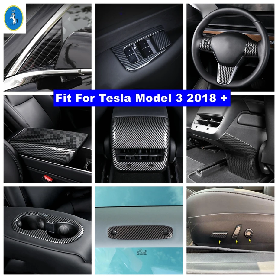 

Pillar A / Armrest Box Lift Button Water Cup Holder Panel Cover Trim For Tesla Model 3 2018 - 2021 ABS Carbon Fiber Accessories