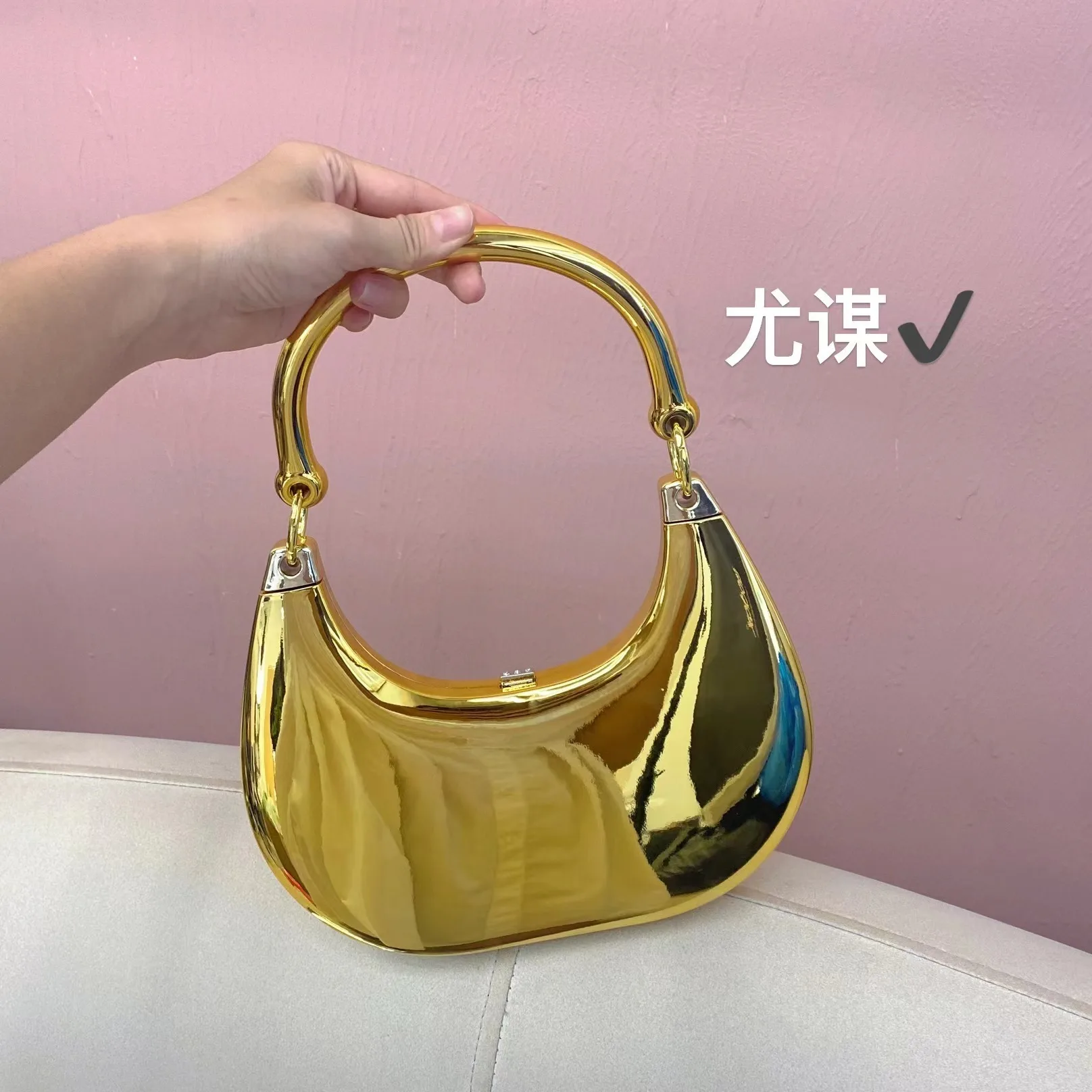 2024 Women Bright Metal Acrylic Tote Moon Tooth Dumpling Bag, Banquet Heavy Industry Mobile Phone Handbag Armpit Bag