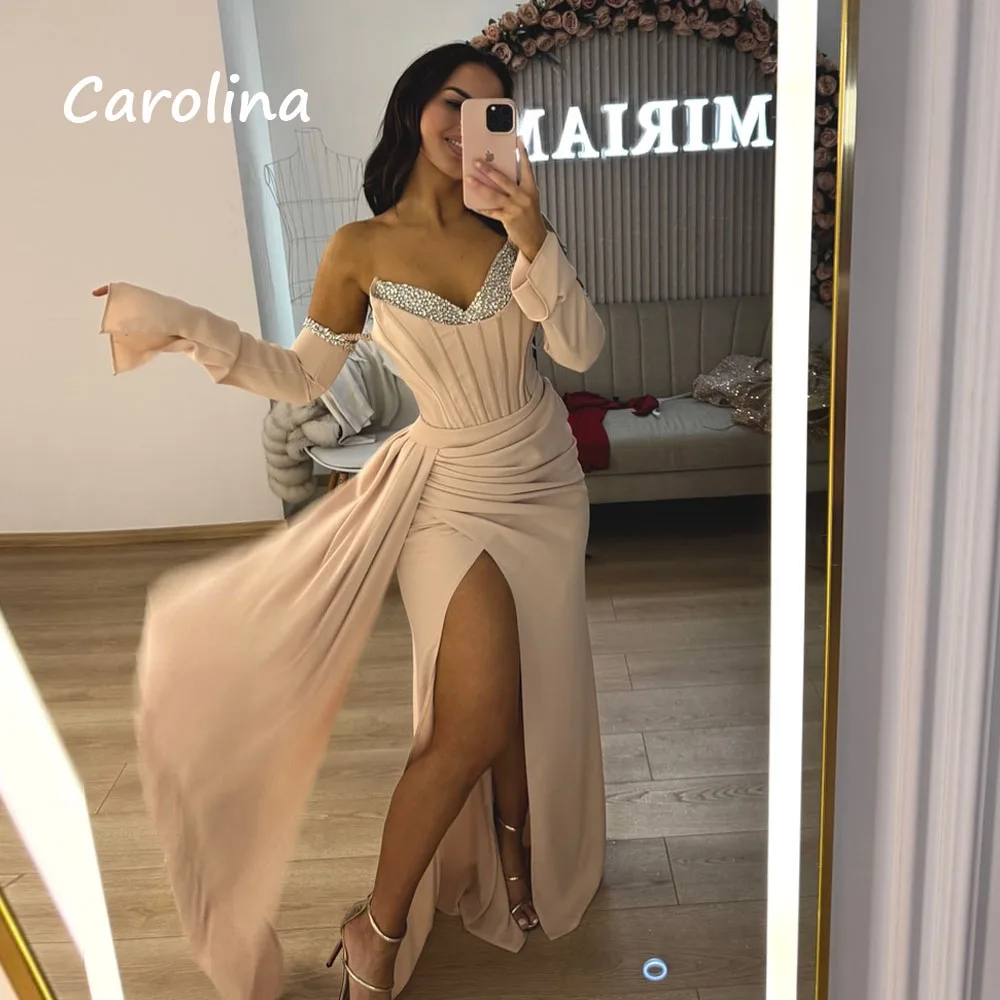 

Carolina Customized Satin Evening Dresses 2025 Beading Sweetheart Long Side Split Wedding Party Dress платье женское вечернее