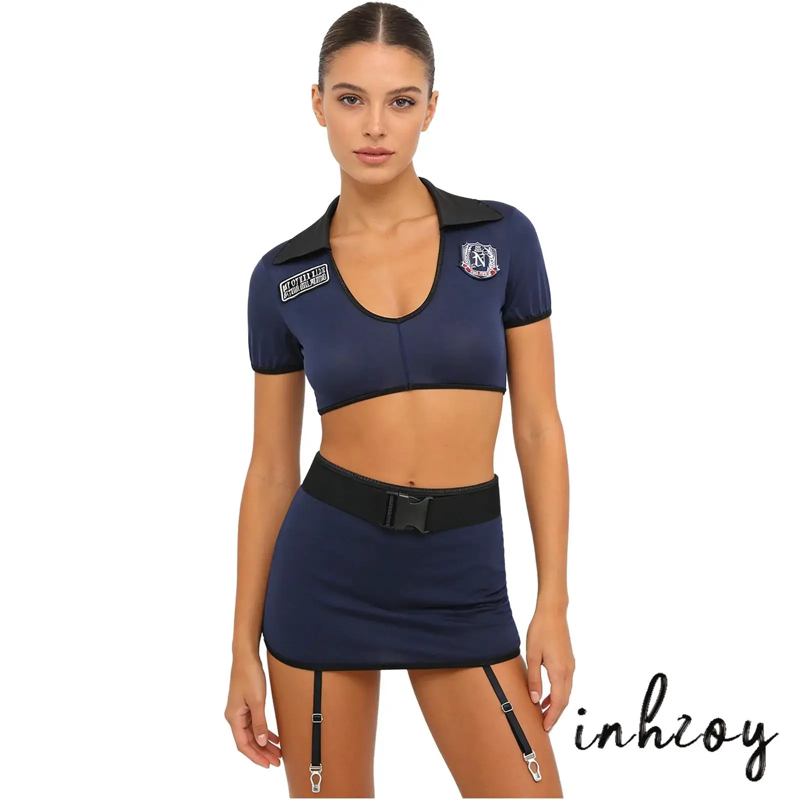 

Womens Police Cosplay Lingerie Set Short Sleeve Crop Top+ Miniskirt+Garters Clip T-back Thong+Waist Belt for Couple Dating Night