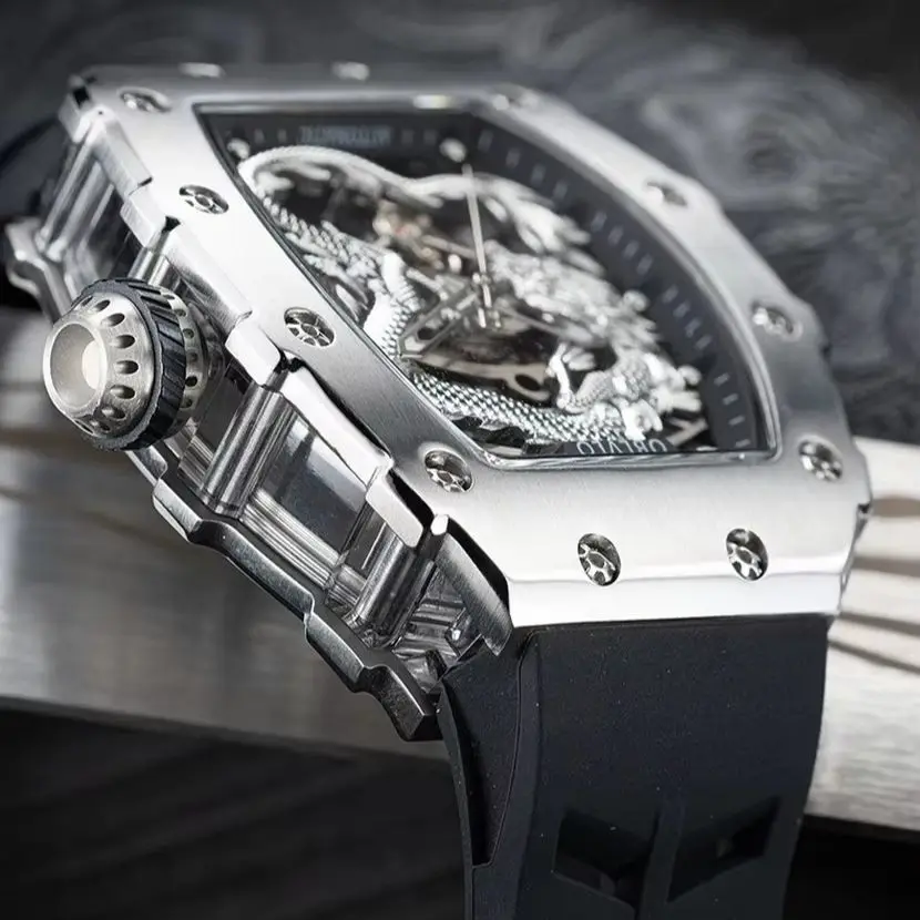 OBLVLO ساعة أوتوماتيكية للرجال 50 مللي متر Tonneau ساعة يد ميكانيكية مضيئة الهيكل العظمي التنين الهاتفي الياقوت مرآة