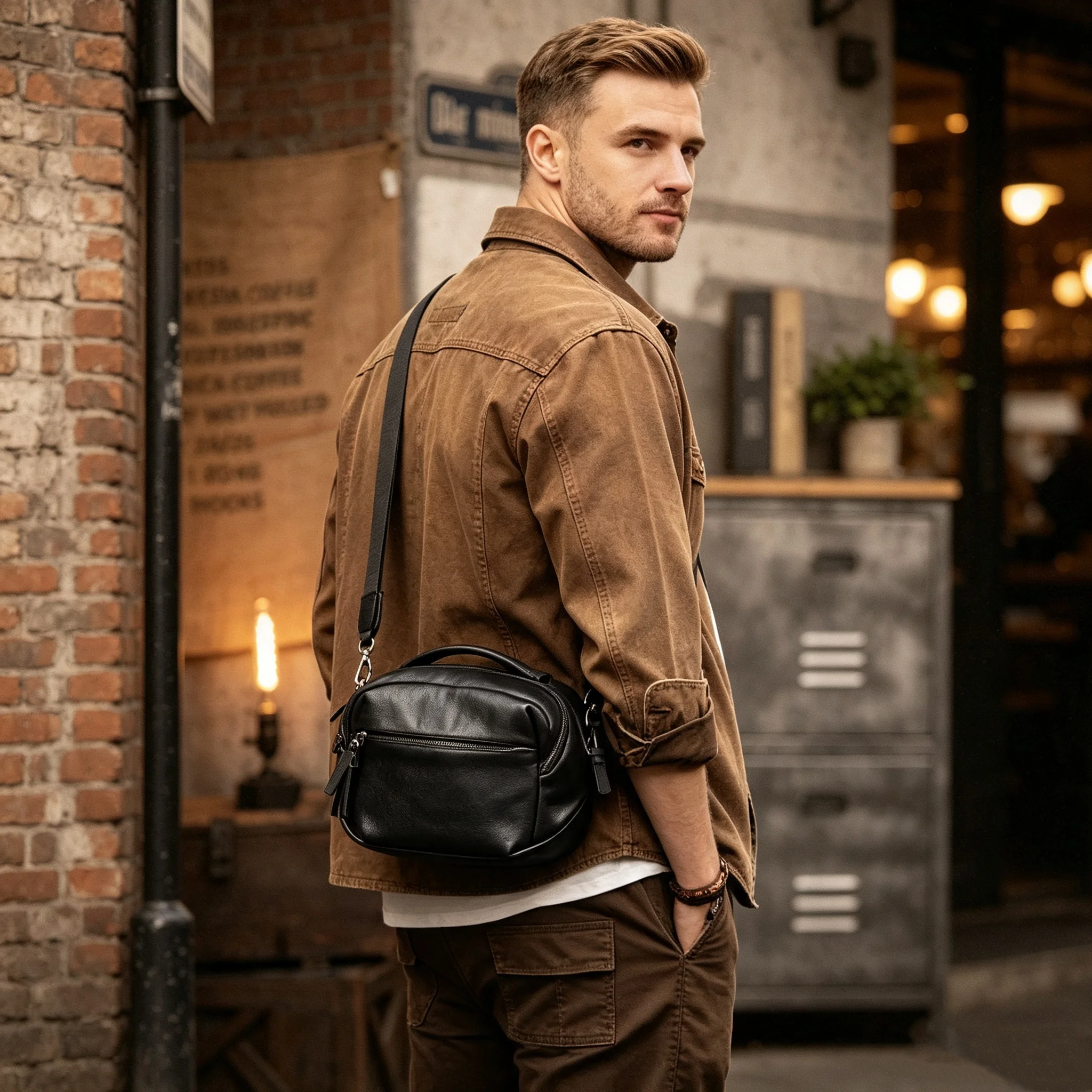 Echte Leder-Umhängetasche für Herren, Casual, Vielseitig, Kameratasche, Oberleder, Modischer Stil – Detail 6