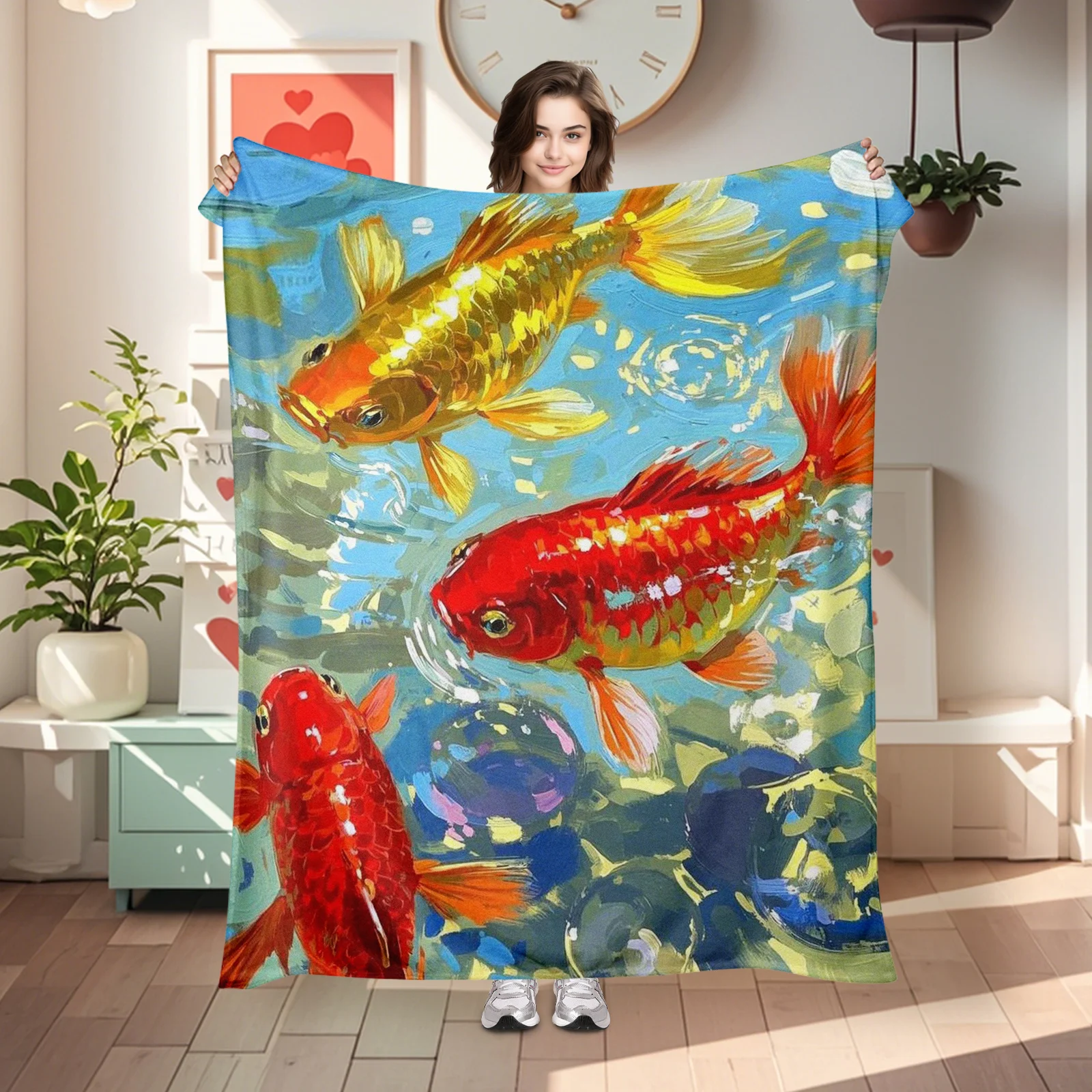 Soft And Inviting Realistic Goldfish Swimming In A Clear Pond Blanket Adds Comfort