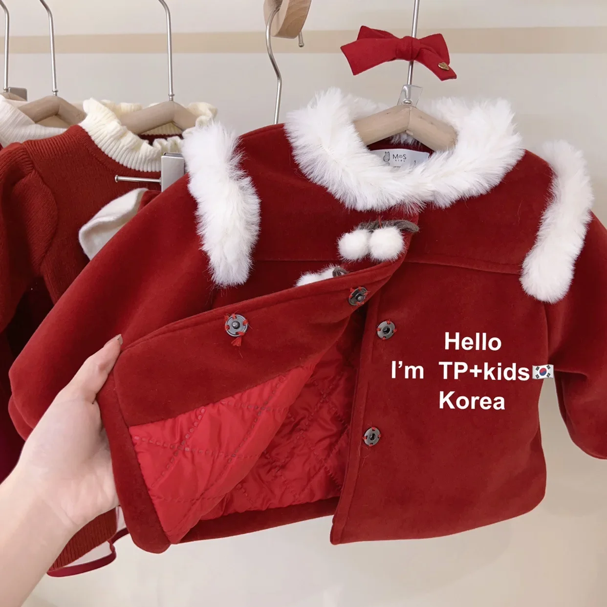 Girls Set 2024 New Girls New Year Clothing Children Fashion Wine Red Woolen Skirt Set Girls Winter Princess Sweet Two Piece Set