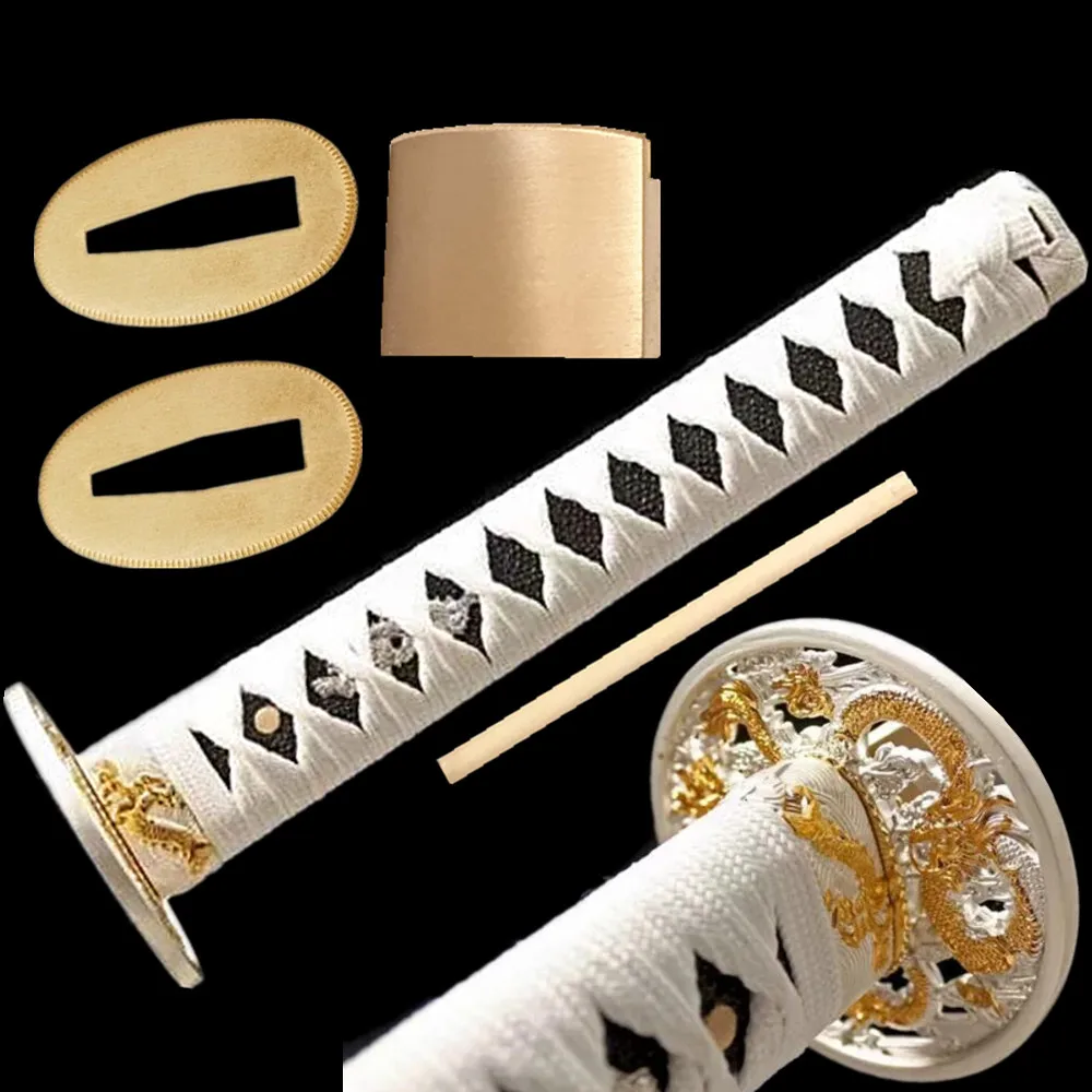 A Set Alloy Dragon Tsuba+Menuki+Fuchi+Kashira+Handle+Habaki+Seppa 26cm White Tsuka For Japanese Samurai Katana Sword Fittings