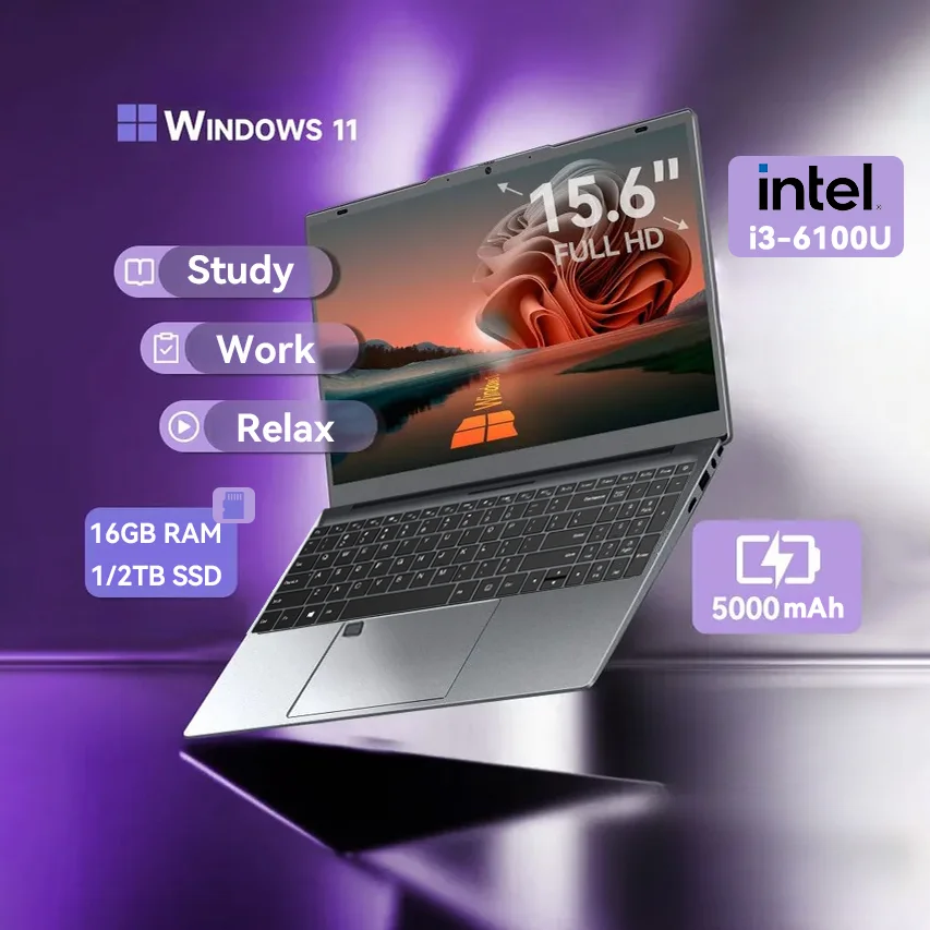 

Ноутбуки Intel Core i3-6100U, 16 ГБ ОЗУ, 1 ТБ/2 ТБ SSD, Windows 11, с разблокировкой по отпечатку пальца, 15,6 дюймов, для бизнеса и учебы