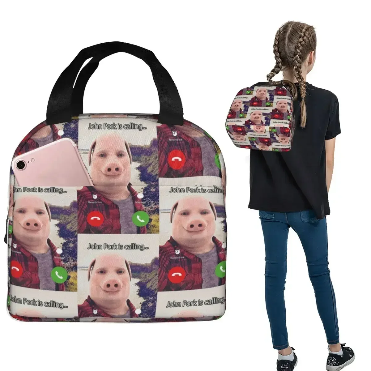 John Pork Is Calling Answer Call Phone Insulated Lunch Bag for Women Kids Portable Food Boxes Thermal Lunch Box Tote