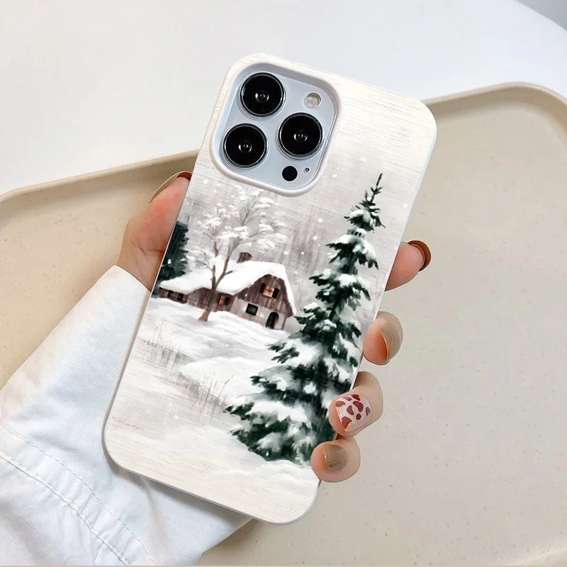 Christmas Winter Snow Tree Cabin Phone Case for iPhone 17 Pro Max Air 16 16e 13 12 14 15 Plus 11 Pro Max Shockproof Soft Cover