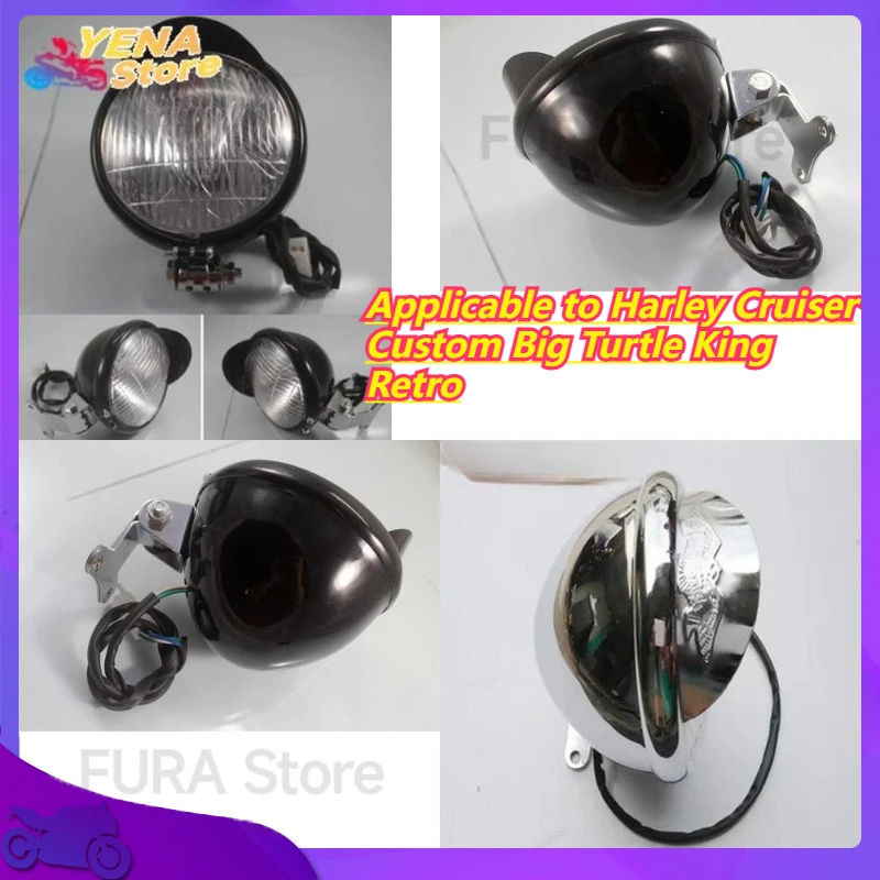 

Motorcycle Accessories Applicable to Harley Cruiser Custom Big Turtle King Retro Metal Headlight Lamp Dual Beam Headlights