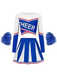 Set gonna corta da cheerleader a maniche lunghe per ragazze, festa per bambini, carino, stagione di ritorno a casa, costume da spettacolo sportivo, invia pompon