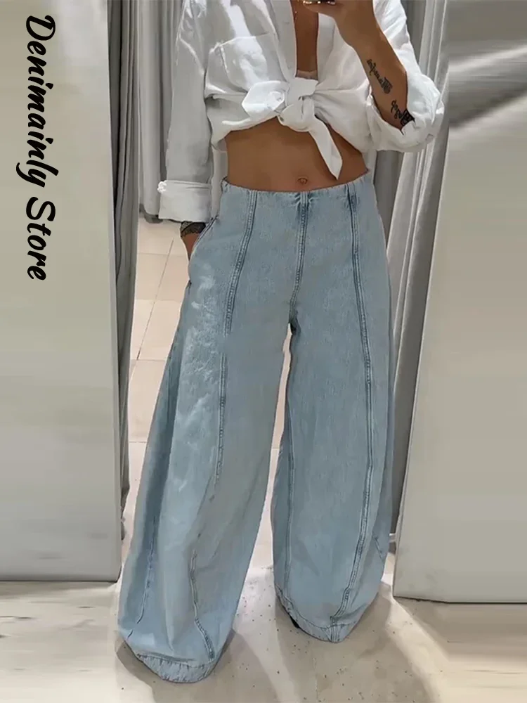 

Fashion Zipper High Waist Wide Leg Jeans Women Loose Pocket Blue Denim Trousers Female 2025 Autumn Lady Street All-match Pants